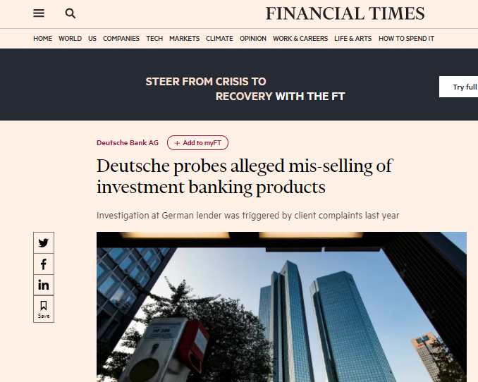 Deutsche Bank (finally) investigates whether it improperly sold investment products in Spain.